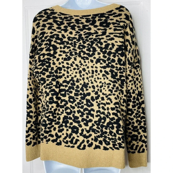 Loft Womens Knit Sweater Sz M Brown Black Cheetah Print Popover - Picture 2 of 8
